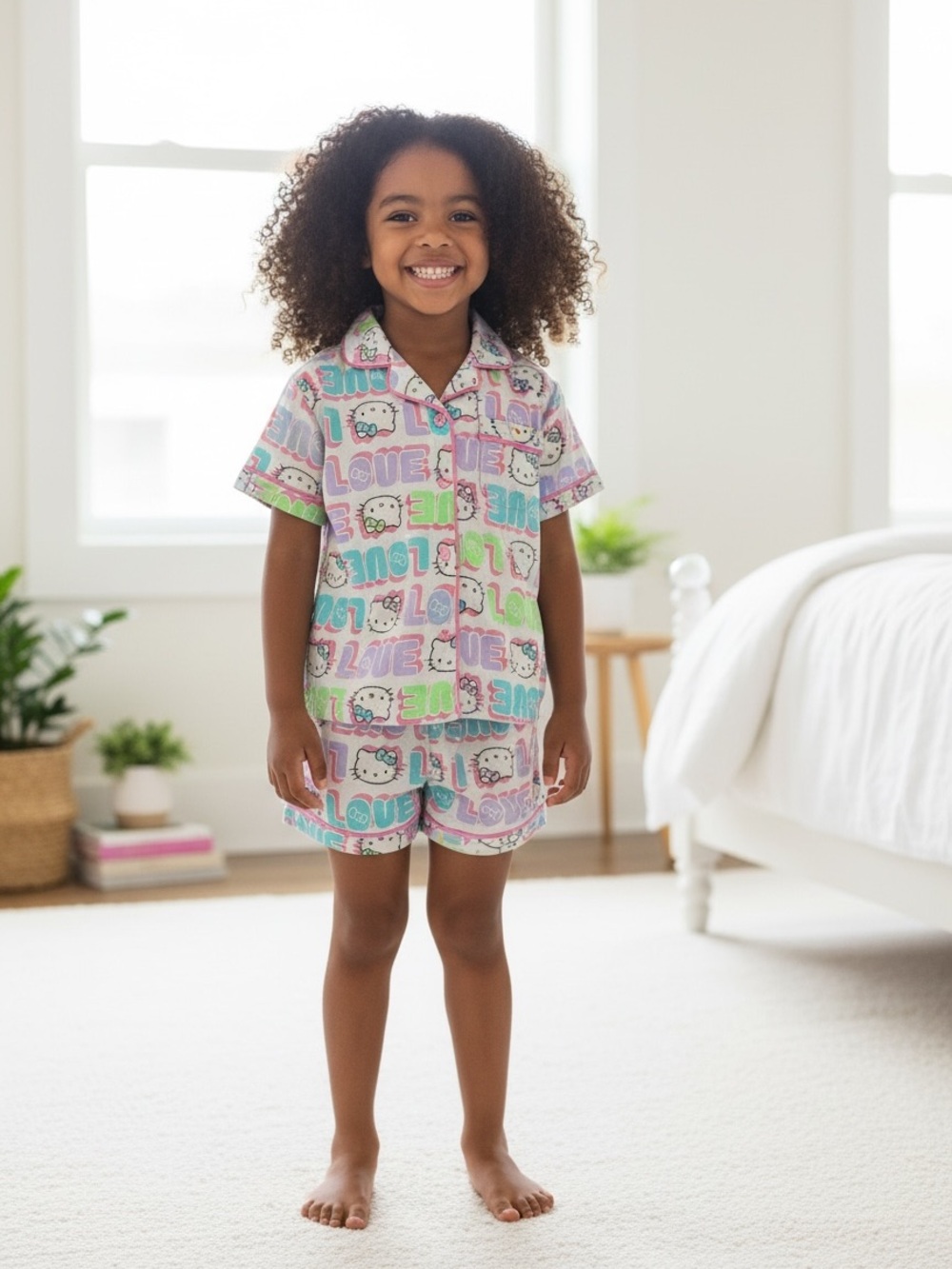 Kids' Hello Kitty Short Pajama Set in Pastel Rainbow Love Print